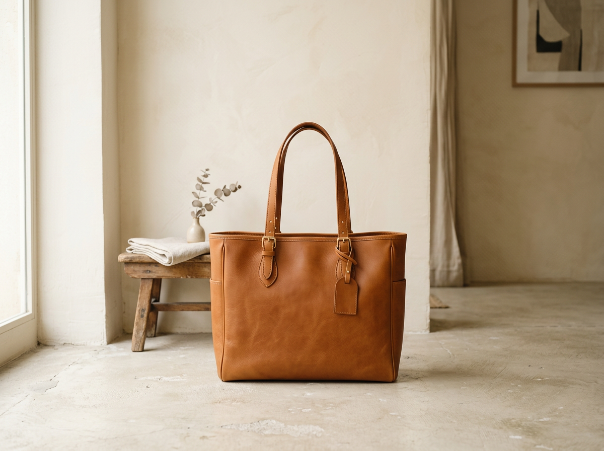 Sac en cuir sur un sol clair, boutique fictive
