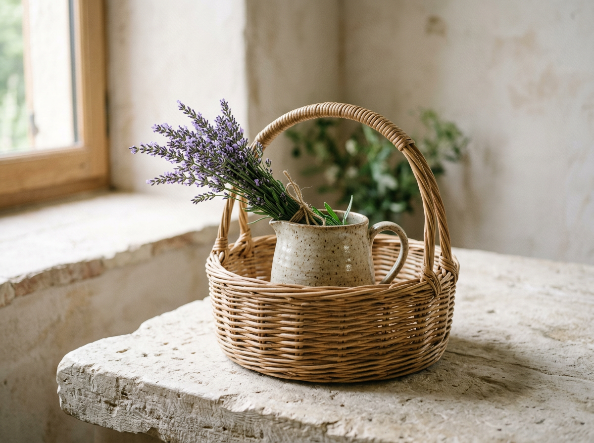 Panier, pichet et lavande, boutique fictive