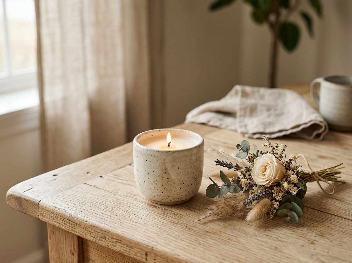 Bougie en céramique et fleurs séchées, produit d’une boutique fictive