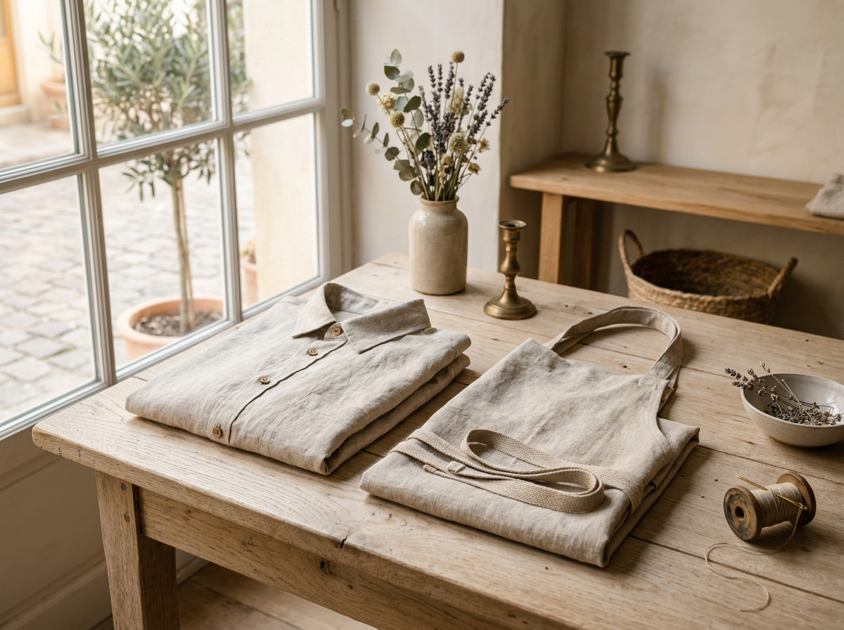 Chemise et tablier en lin sur une table en chêne, boutique fictive