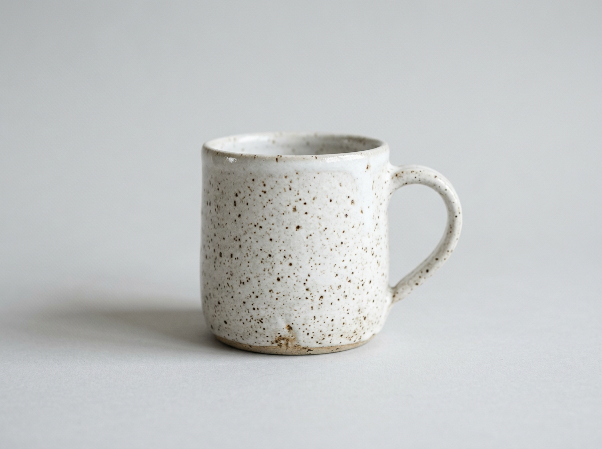 Tasse en grès sur fond clair, produit d’une boutique fictive